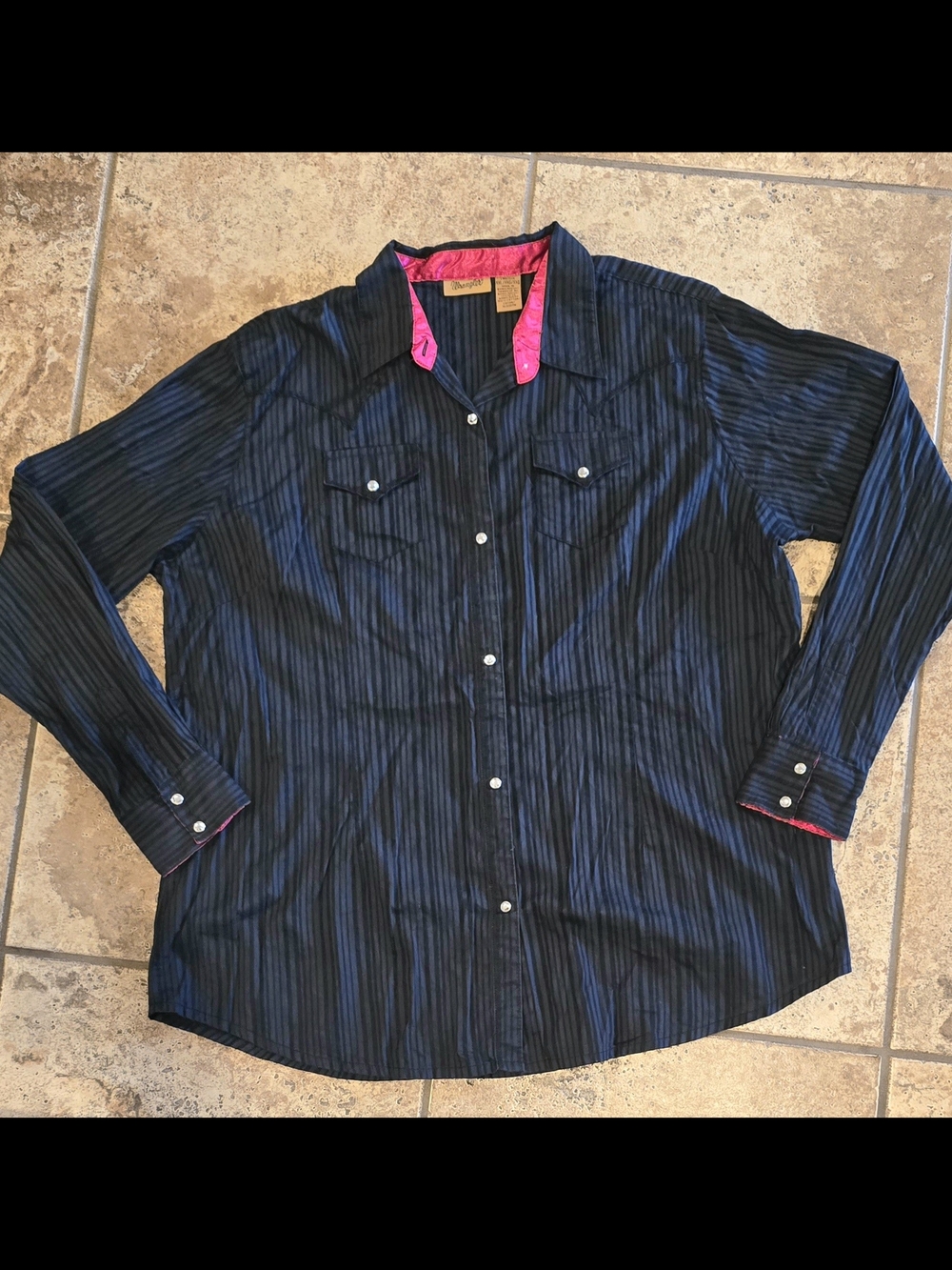 Wrangler Black Pinstripe Button-Up Shirt with Red Satin Trim